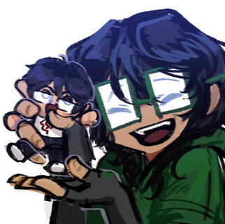 Digital 2D sketch of OP's sona in a chibi-like style, smiling brightly and showing off a Shen Yuan plushie in a tight grip. Ligt ray lines are drawn around the Shen Yuan plush. OP's sona is a young adult character with beige skin, straight-wavy black hair